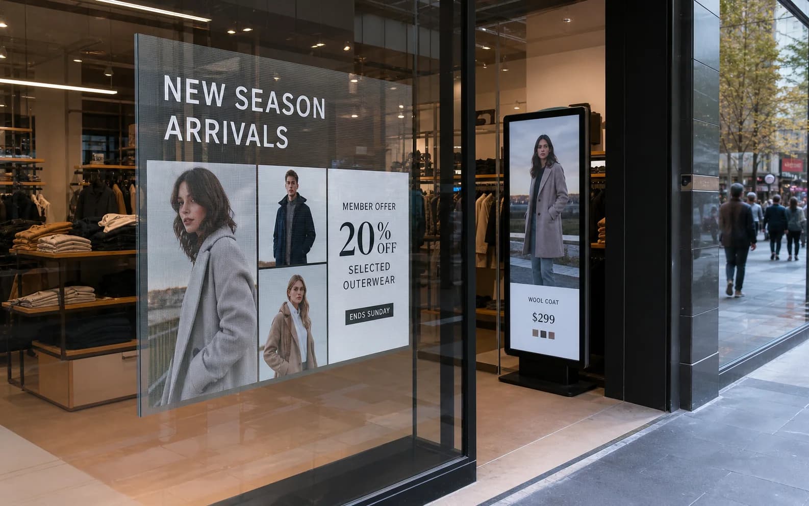 Transparent LED window signage and slim portrait retail display running a seasonal campaign in a fashion storefront