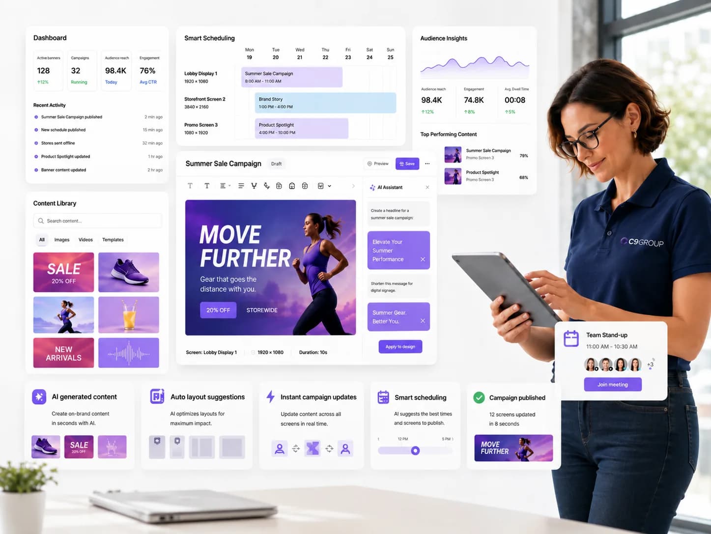 AI-assisted digital signage content workflow managed through Lumina