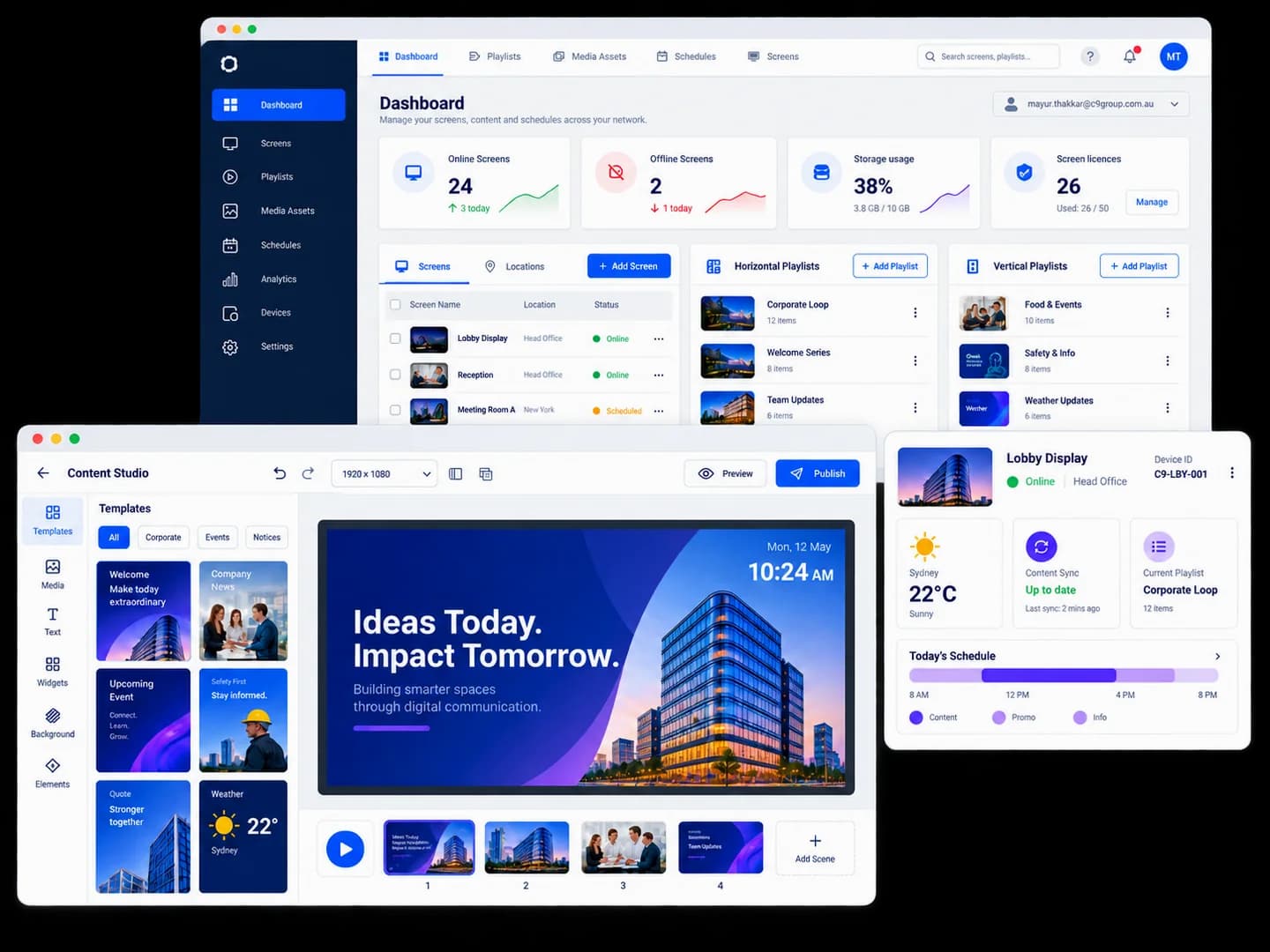 Lumina dashboard showing playlists, screen status and content studio controls