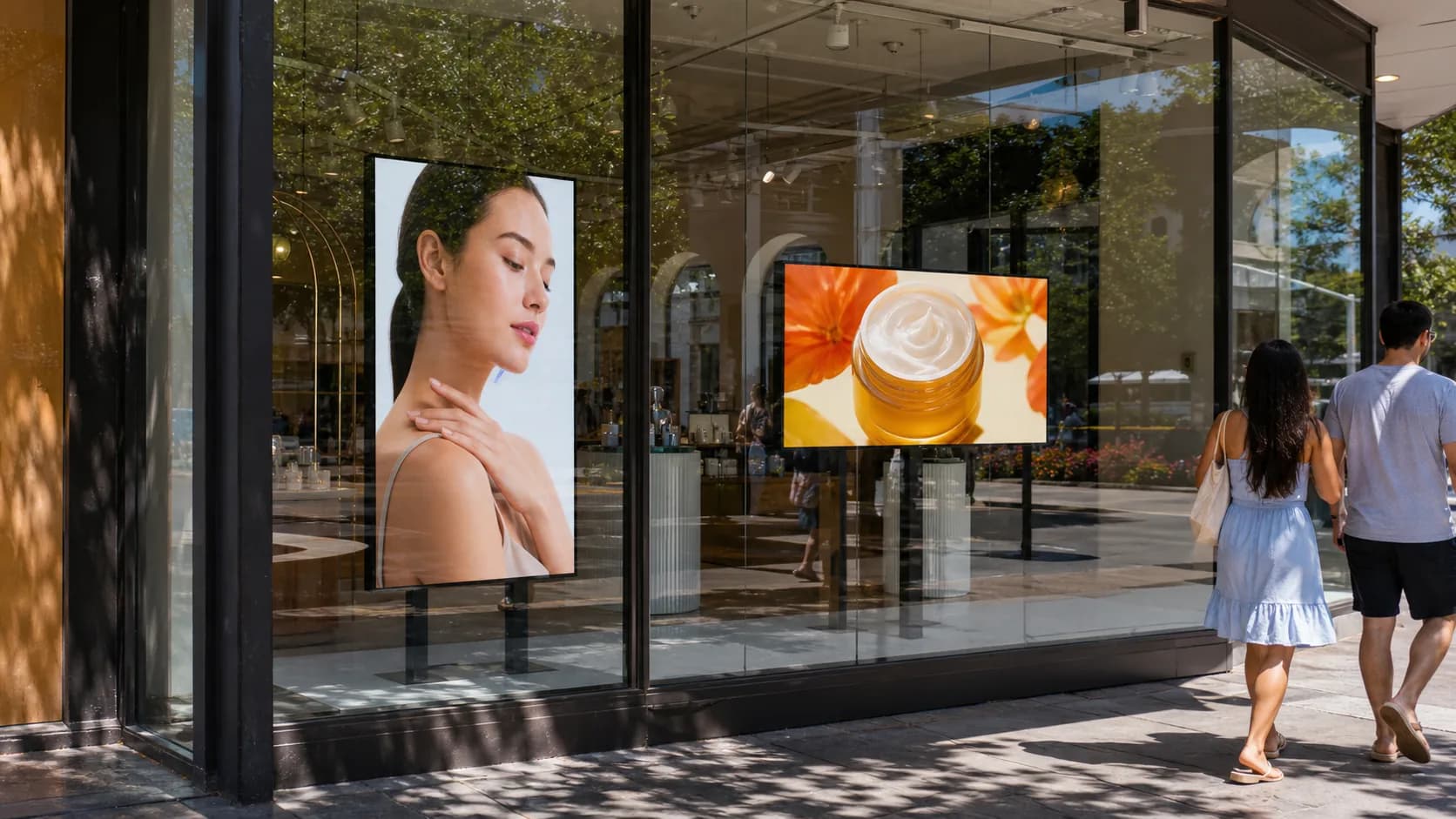 Outdoor-facing retail shopfront with portrait and landscape high brightness displays visible through glass