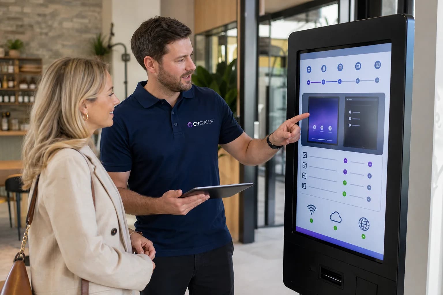 C9 GROUP consultant reviewing an interactive kiosk with a customer during handover