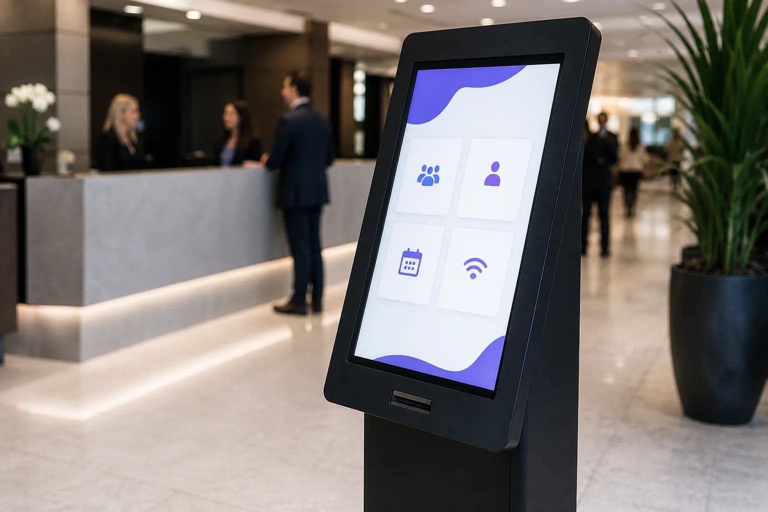 Interactive kiosk in a business lobby with simple touch tiles for visitor self-service
