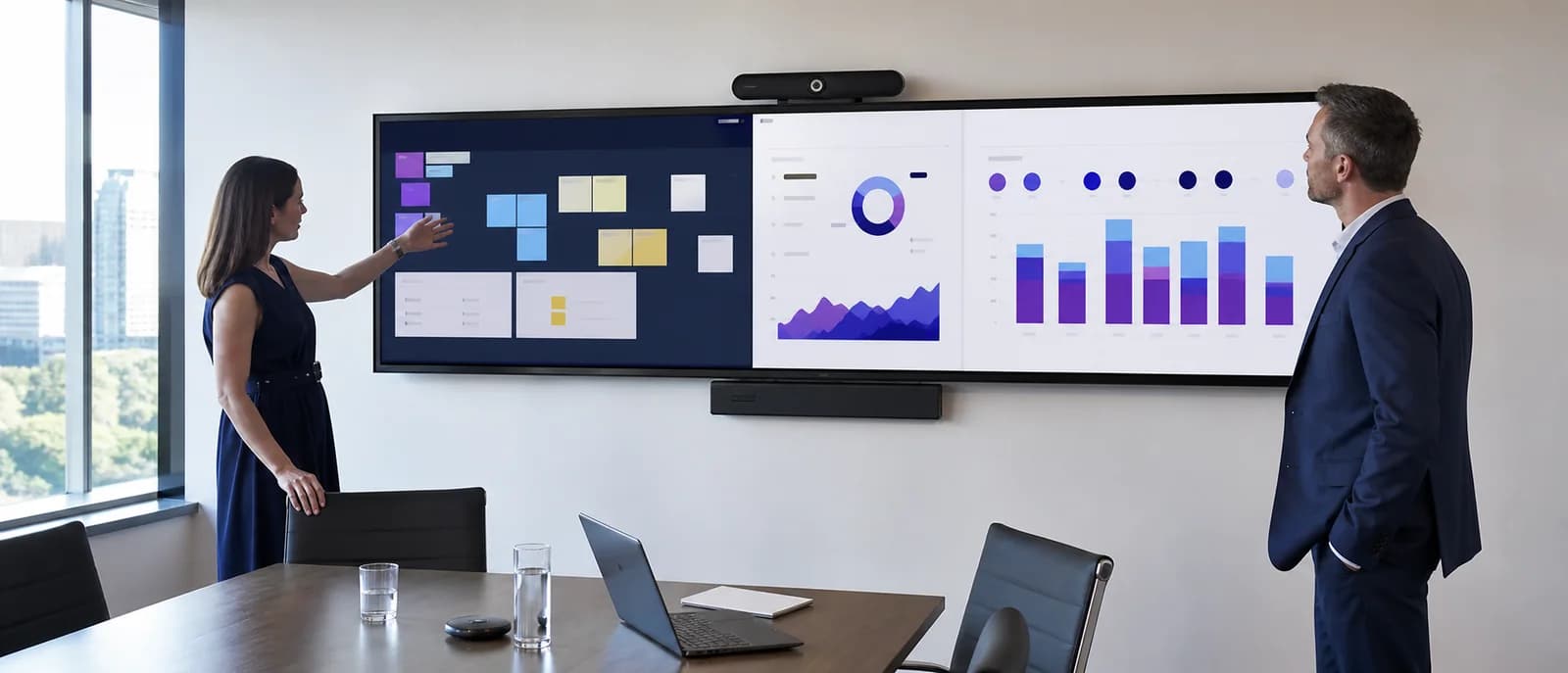 Ultrawide interactive display used for planning in a modern boardroom