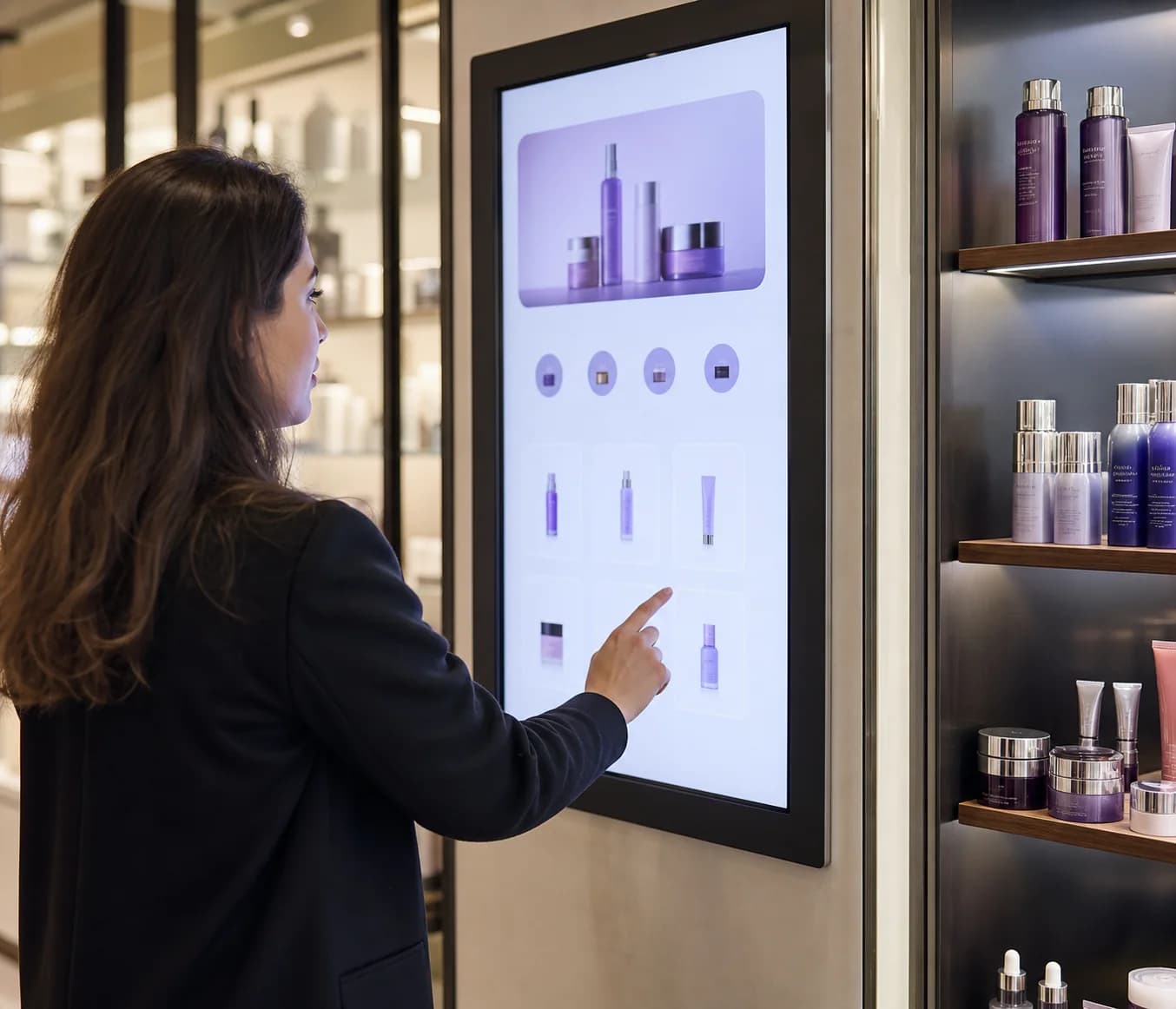 Shopper using an interactive retail product finder beside product shelves