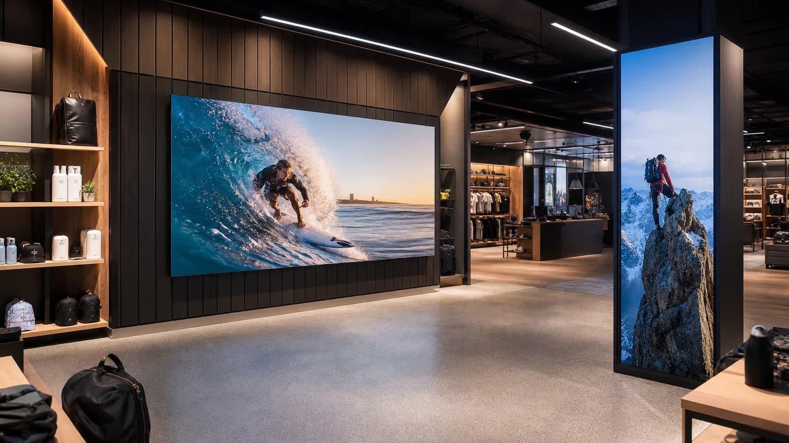 Retail showroom with horizontal LED wall and vertical LED totem display