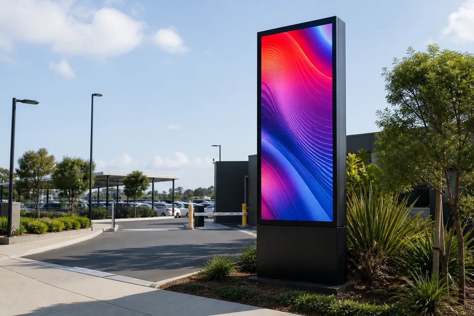 Freestanding outdoor LED pylon at a commercial carpark entrance in daylight