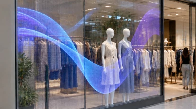 Transparent display installed in a glass retail environment with content visible through the panel