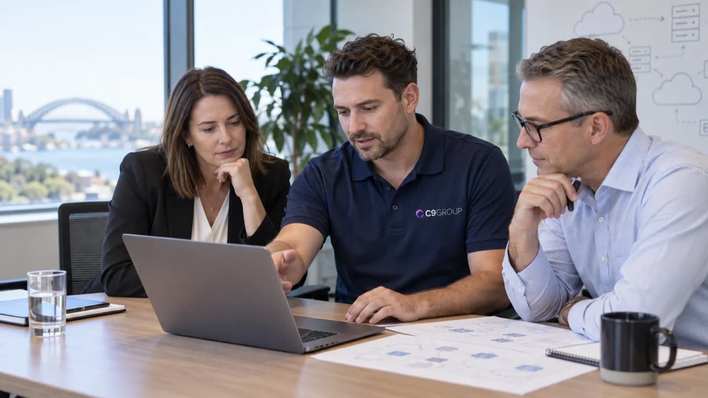 C9 GROUP staff member discussing infrastructure and cloud planning in a meeting room