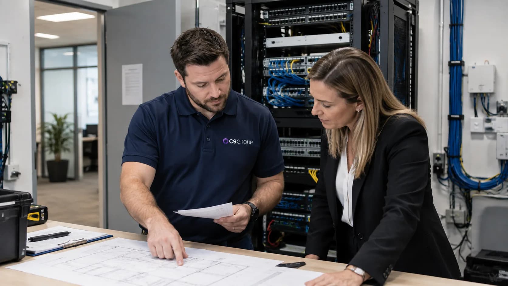 C9 GROUP engineer reviewing onsite infrastructure refresh plans with a client in a comms room.
