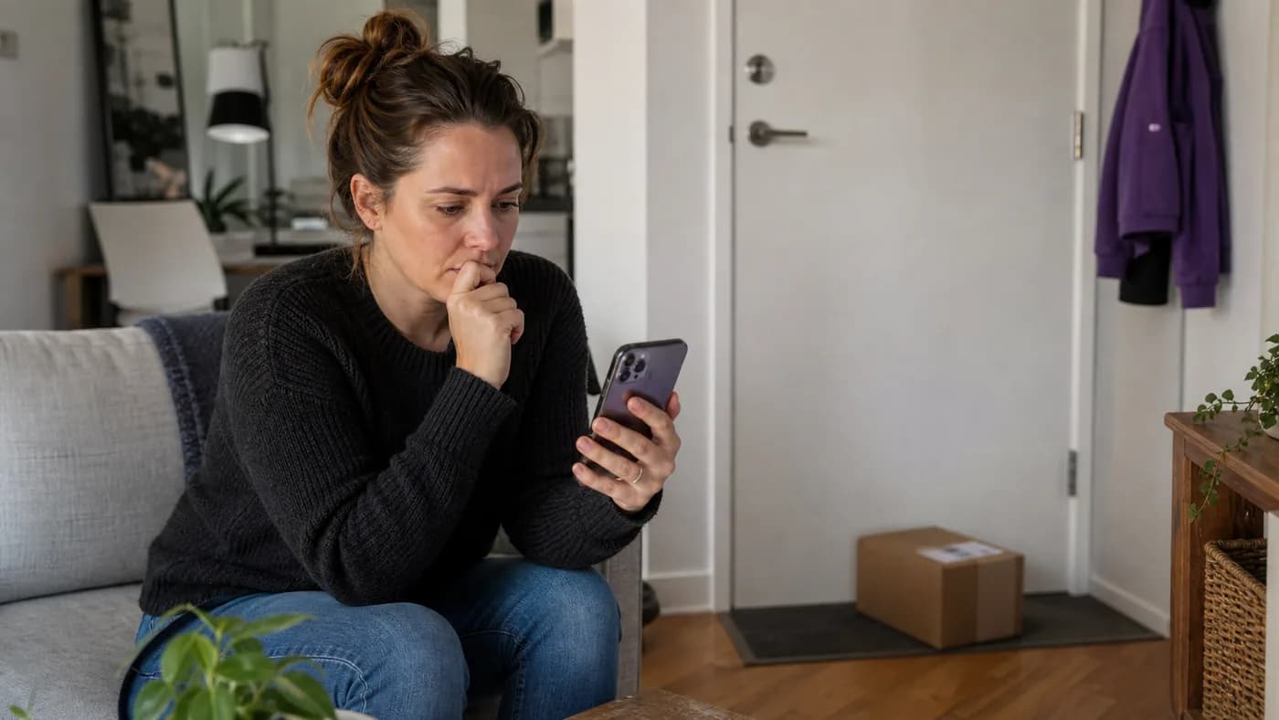 Customer checking delivery information on a phone while waiting for a shipment update.