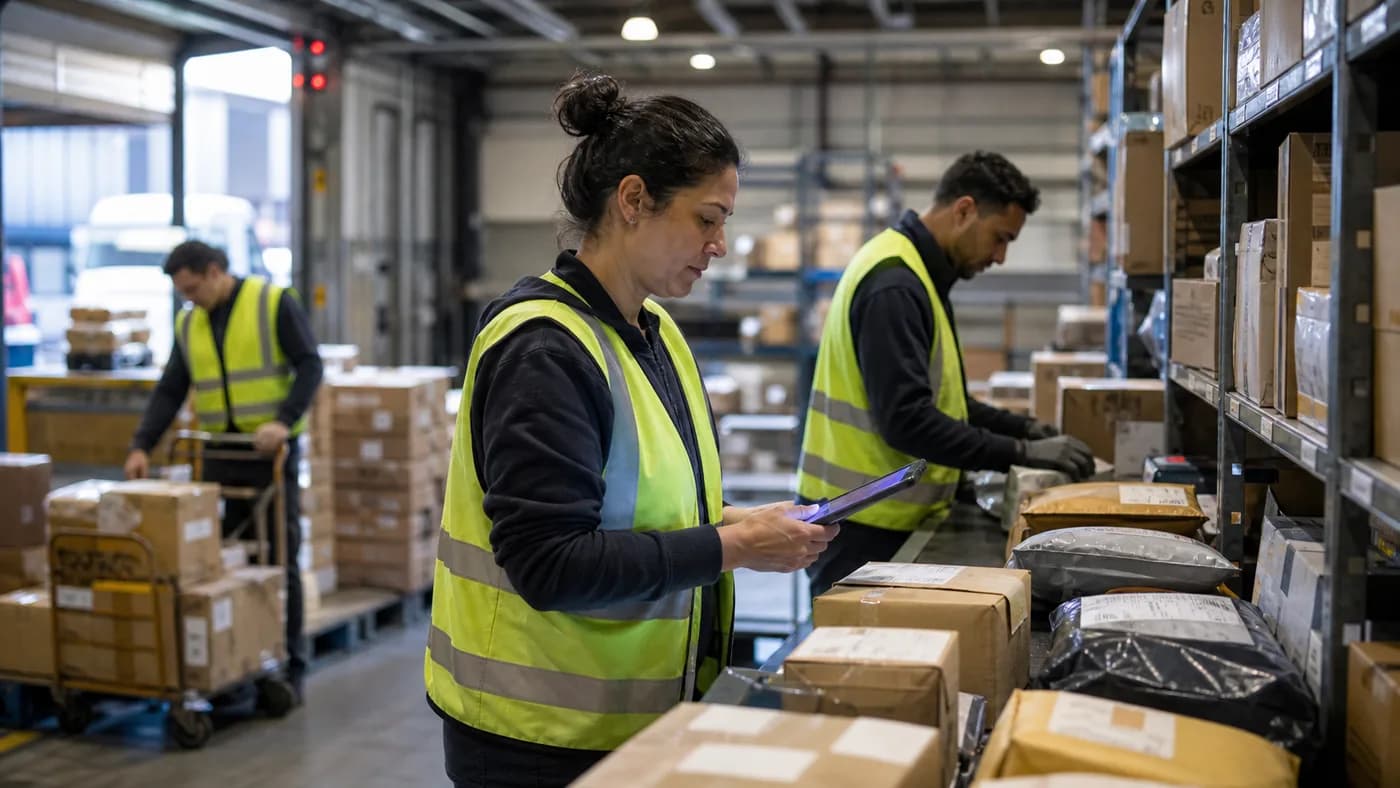 Delivery parcels moving through a busy logistics process.