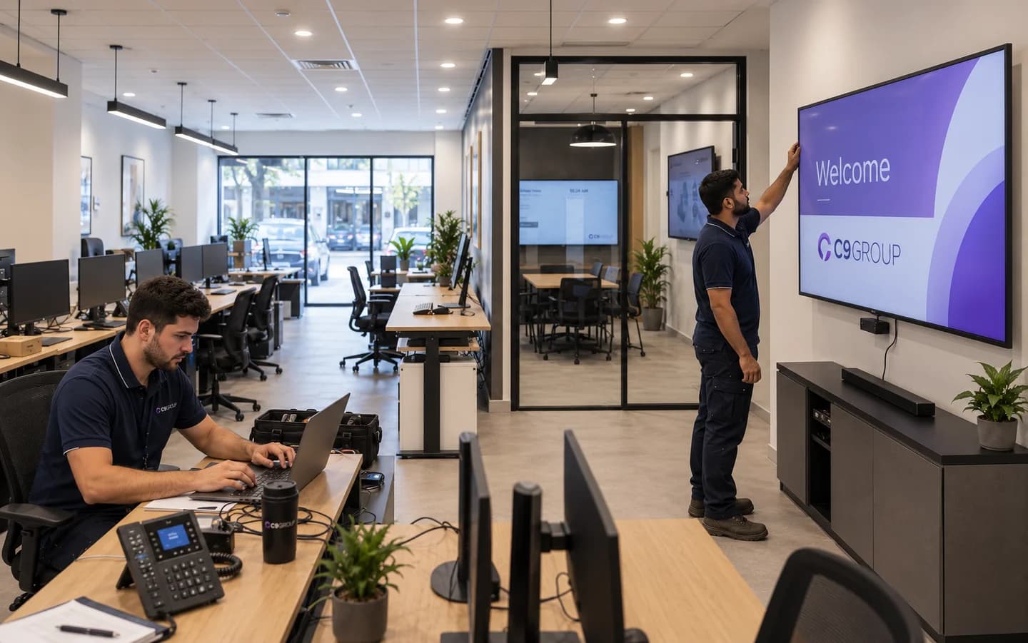 C9 GROUP engineers commissioning digital signage in the furnished office, with desks, phones and meeting-room technology already installed