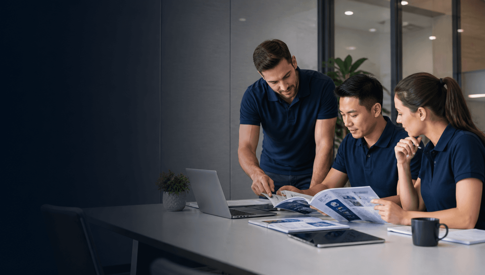 Business leaders reviewing technology planning material