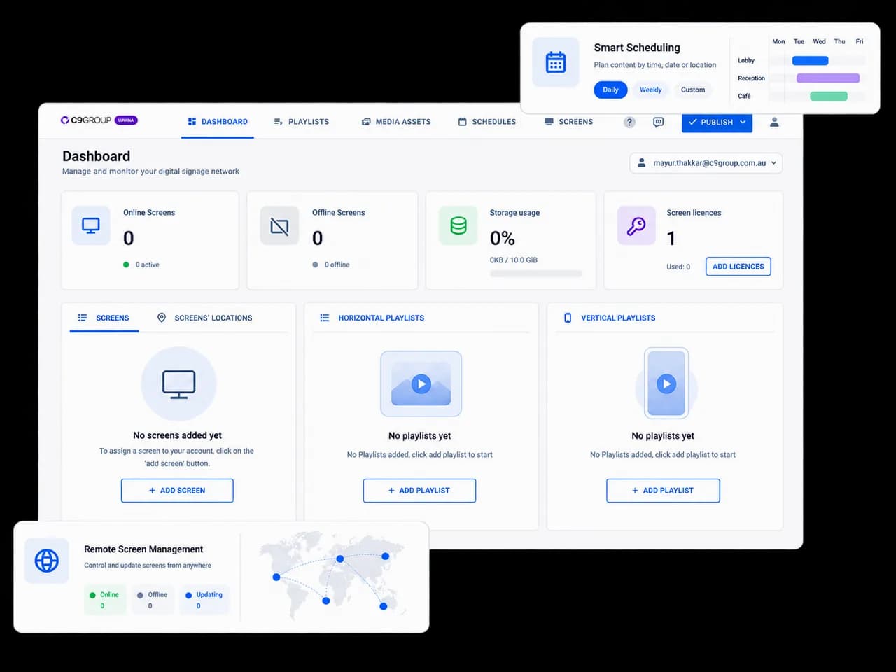 Lumina dashboard showing screen status, licences, playlist panels and smart scheduling controls