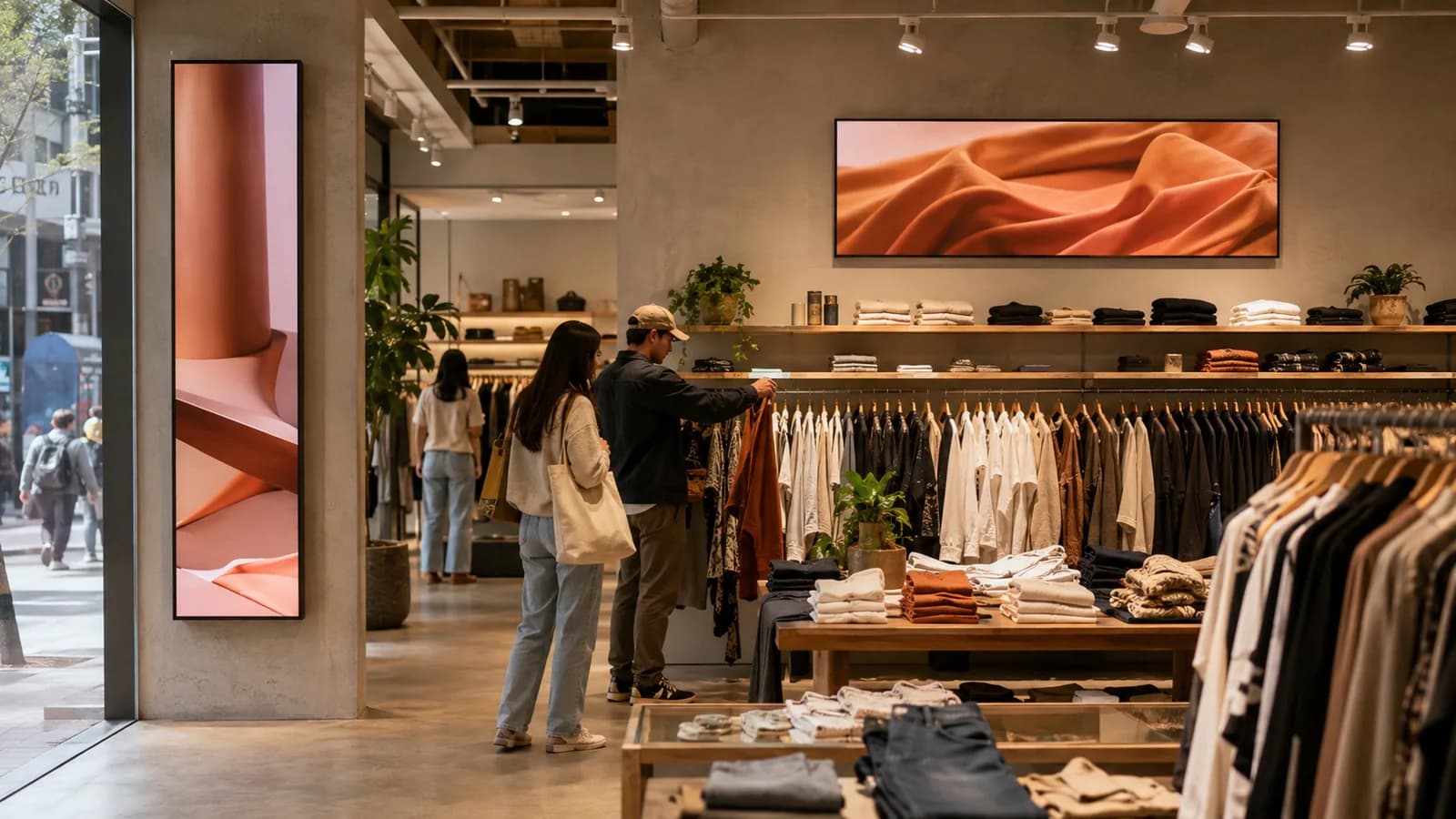 Retail store digital signage showing campaign content across horizontal and vertical displays