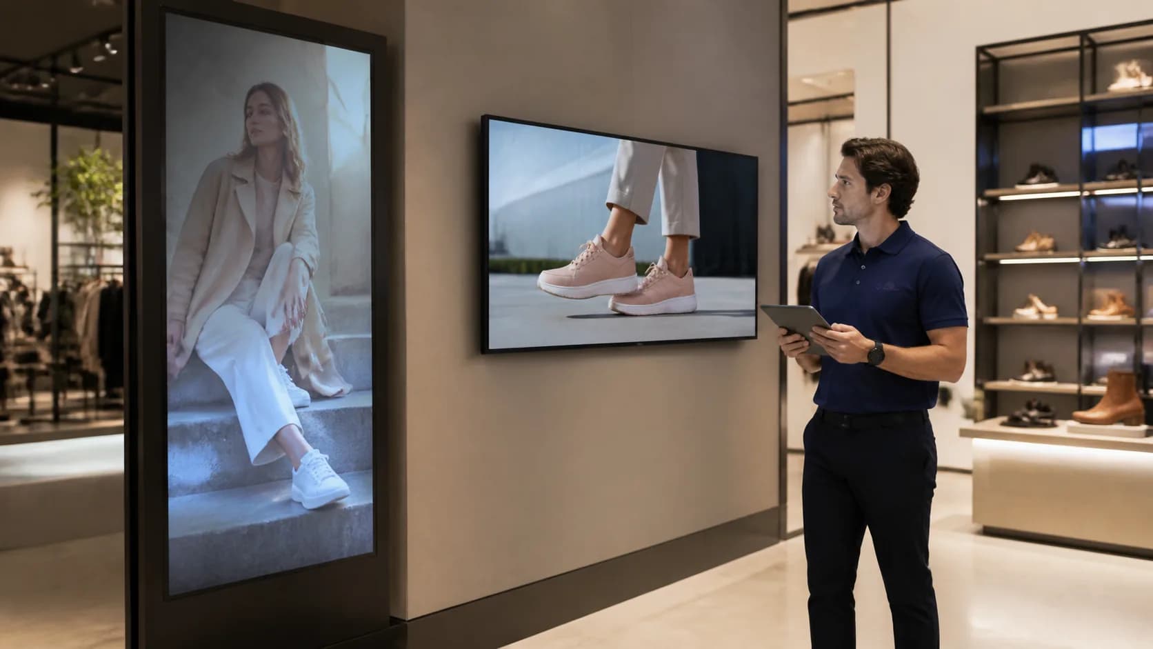 C9 GROUP staff member checking vertical and horizontal commercial displays in a retail showroom