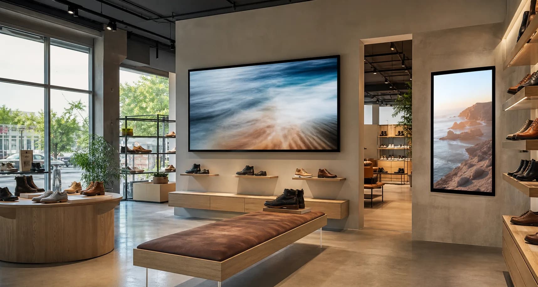 Retail showroom with vertical and horizontal commercial displays running