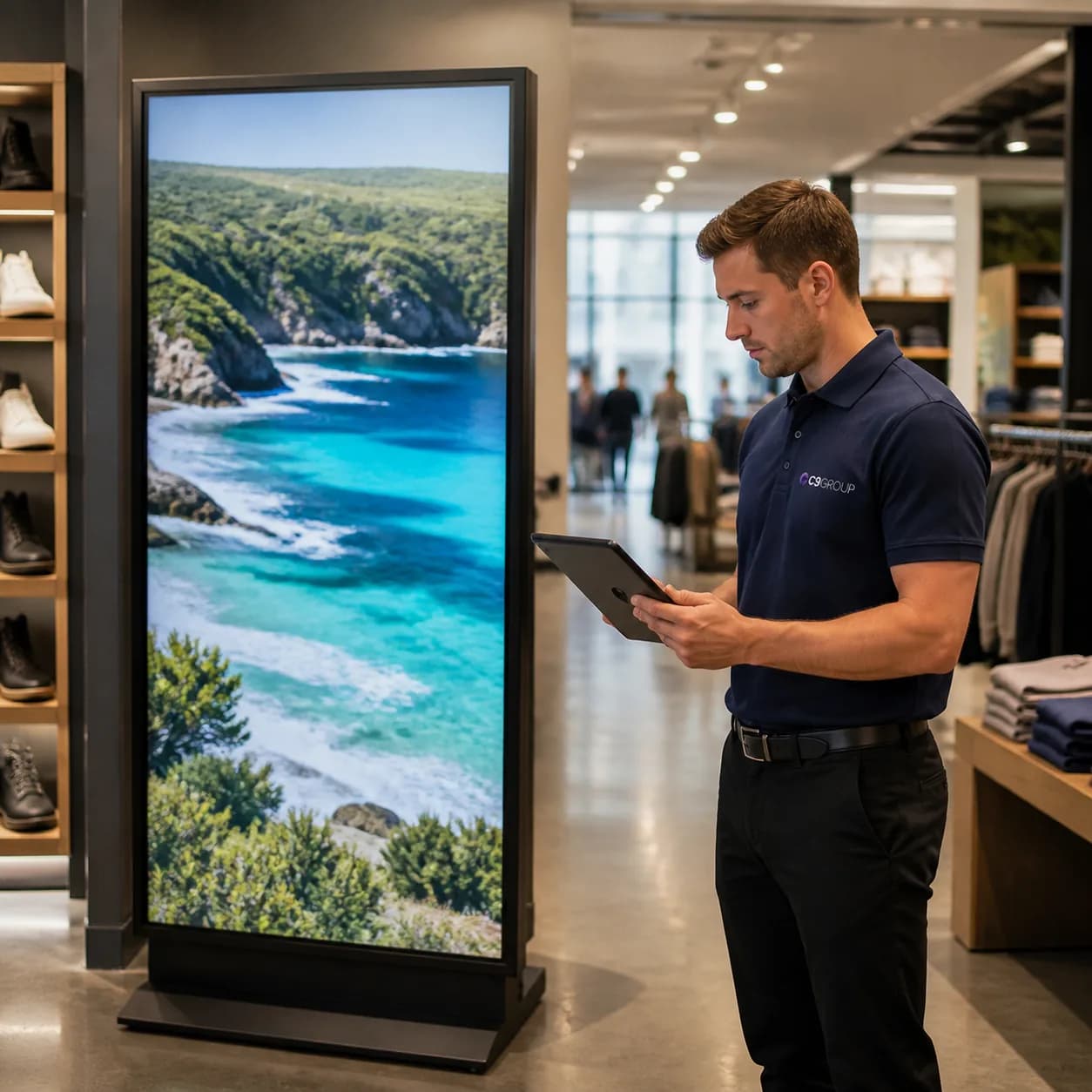 C9 GROUP staff member checking the performance of a vertical commercial display in a retail showroom