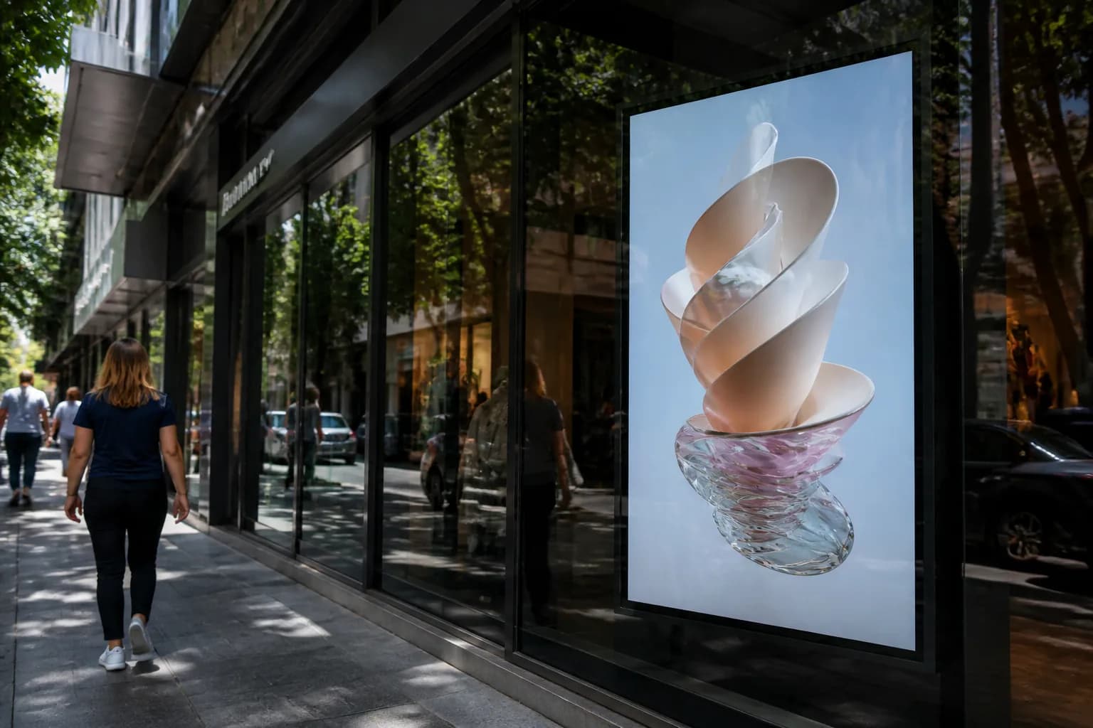 Outdoor-facing high brightness display visible through a retail shopfront window