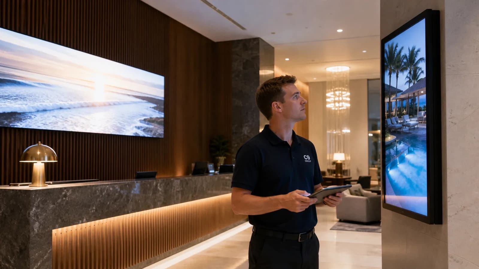 C9 GROUP staff member checking LED signage performance in a hospitality lobby