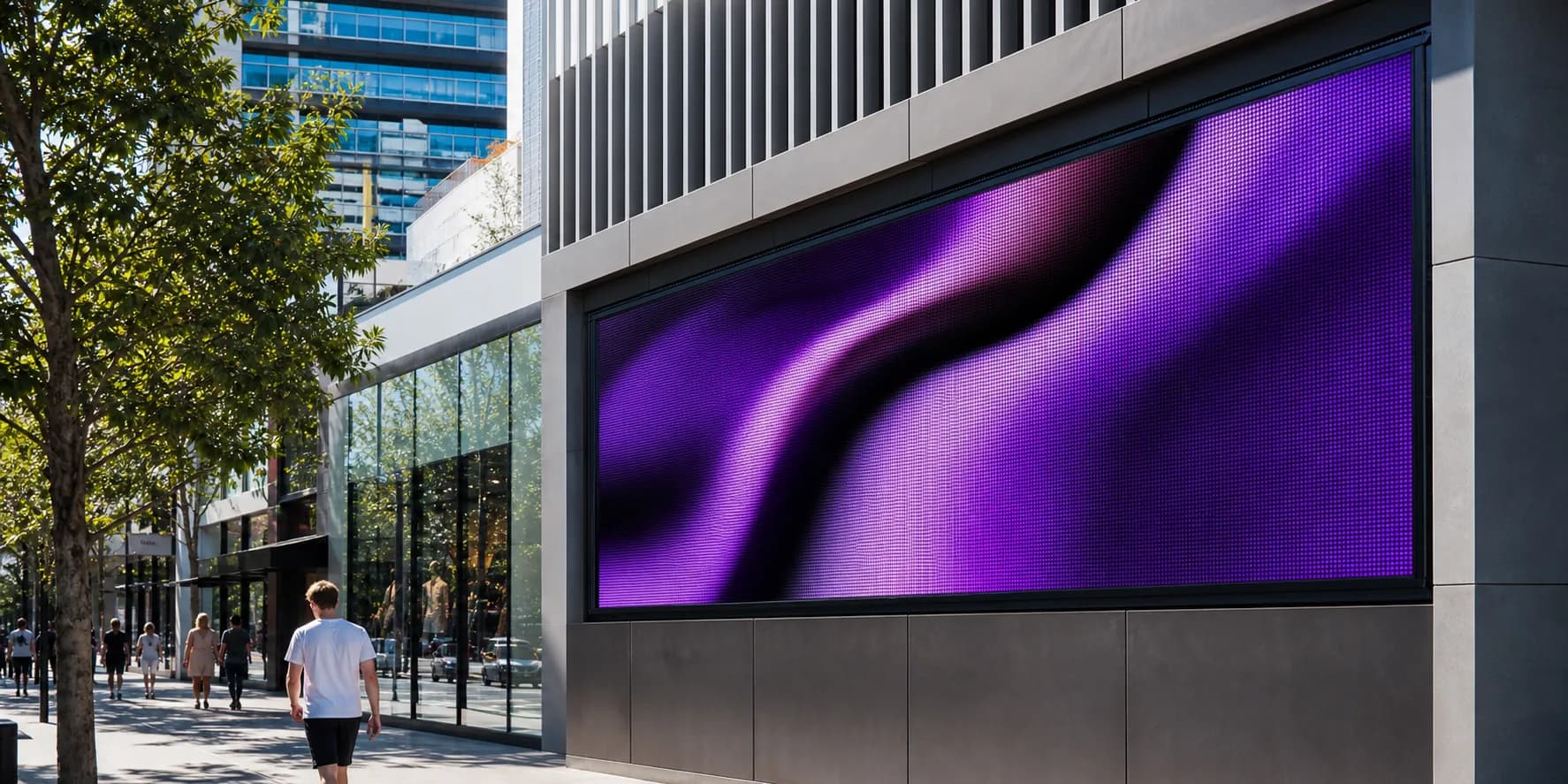 Large outdoor LED display installed on a retail precinct facade in daylight