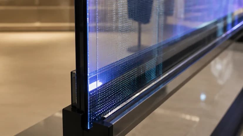 Transparent OLED display hardware shown as a product reference