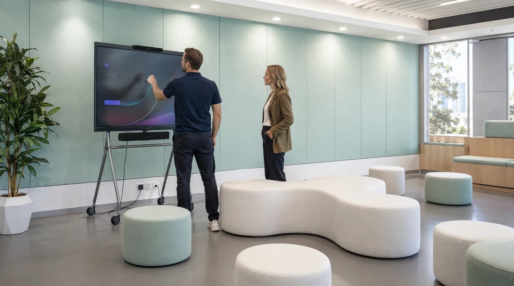 C9 GROUP staff member checking a flexible workplace meeting display in an Australian office
