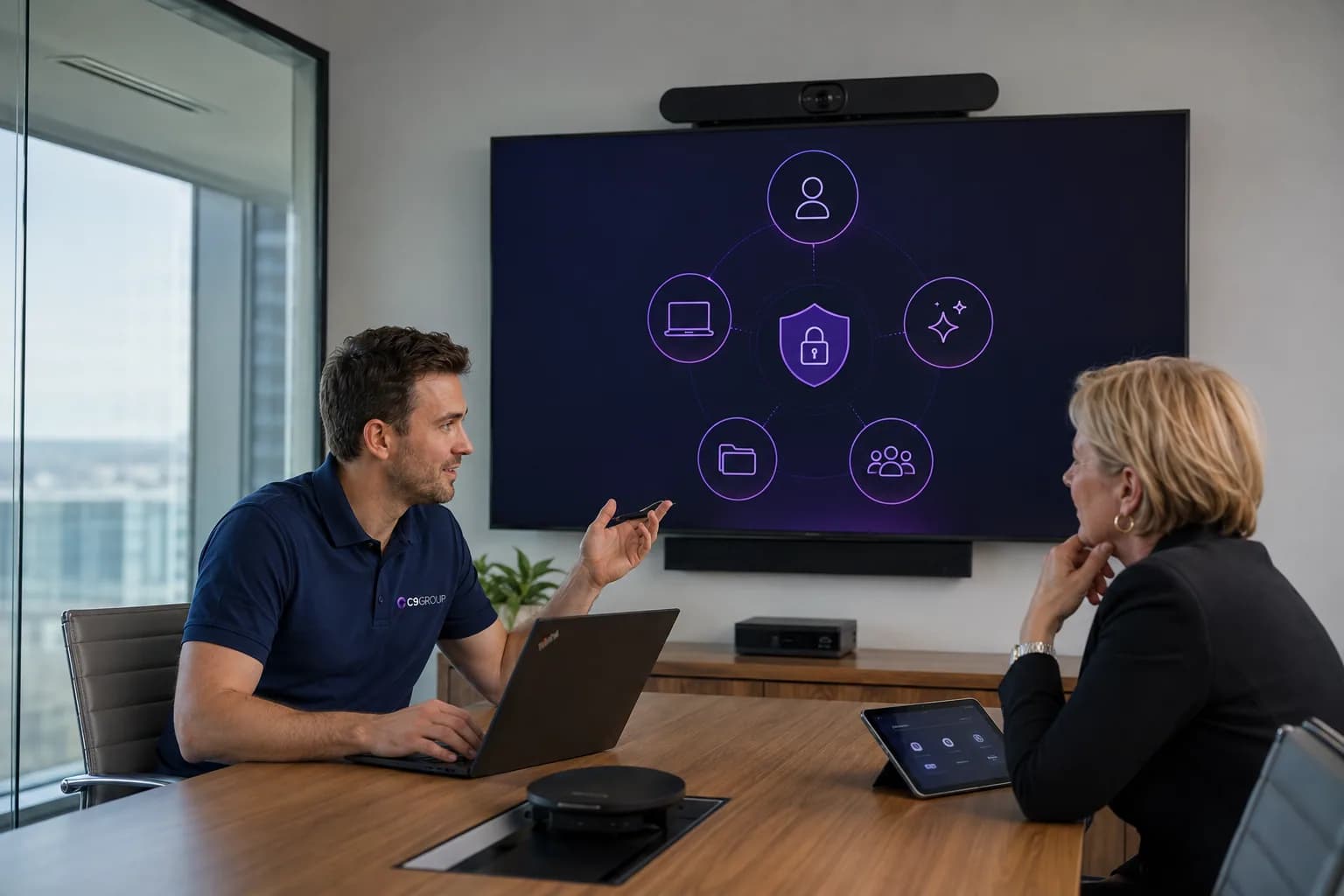 C9 GROUP staff member reviewing Microsoft 365 security and Copilot readiness foundations