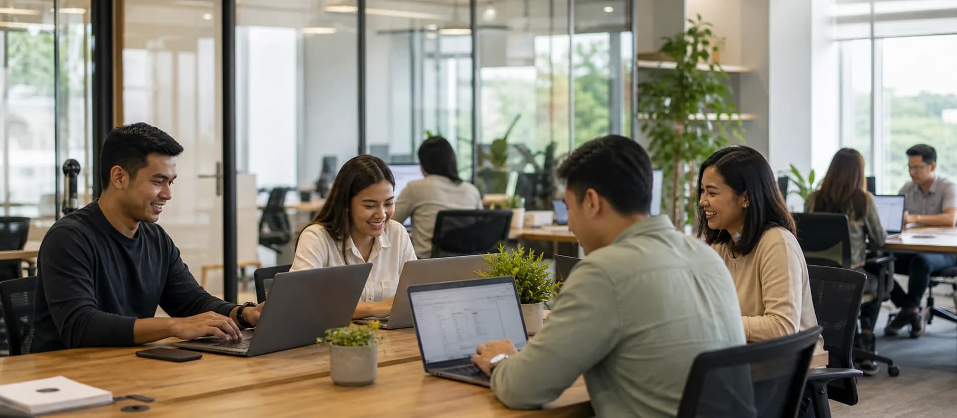 Remote professionals collaborating in a modern shared office