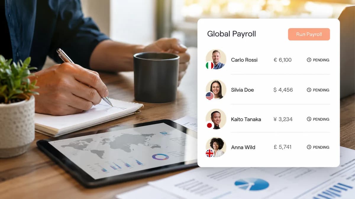 Global payroll dashboard showing international employee payroll entries