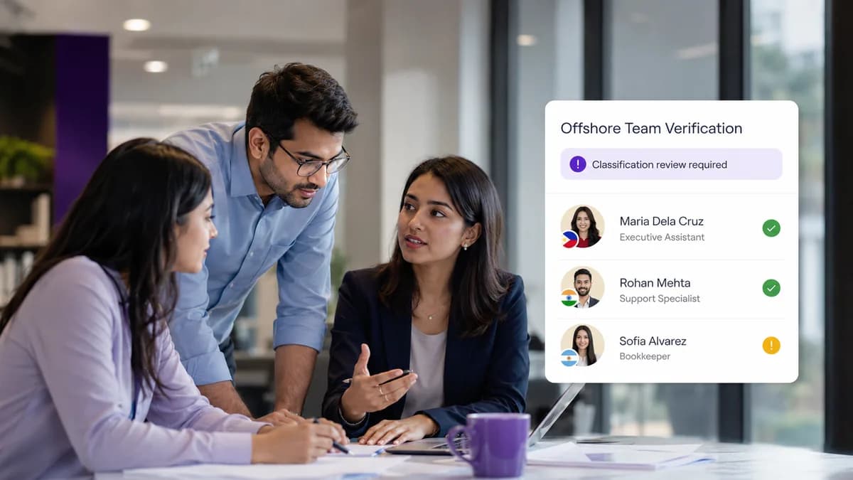 Offshore team verification interface beside a team meeting