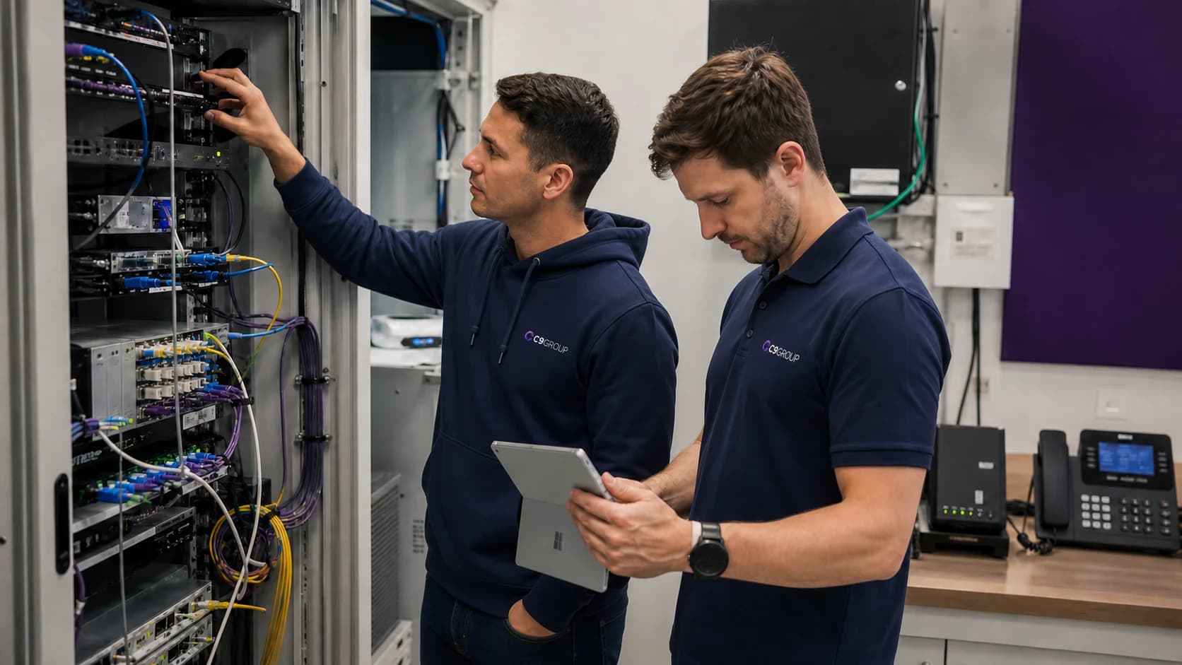 C9 GROUP field staff installing carrier-grade telco equipment at a local business site
