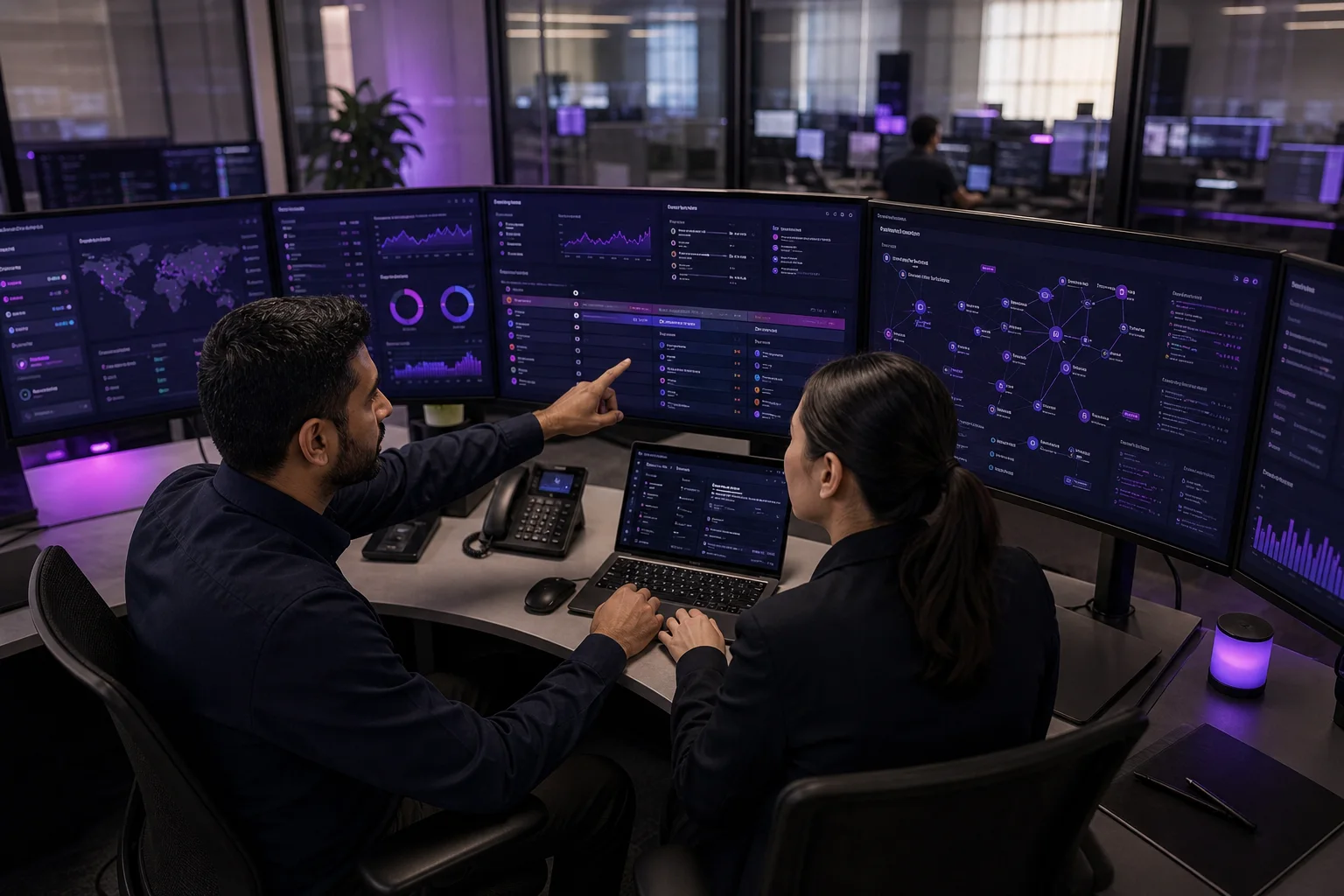 Incident response specialists investigating security alerts at a monitoring console.