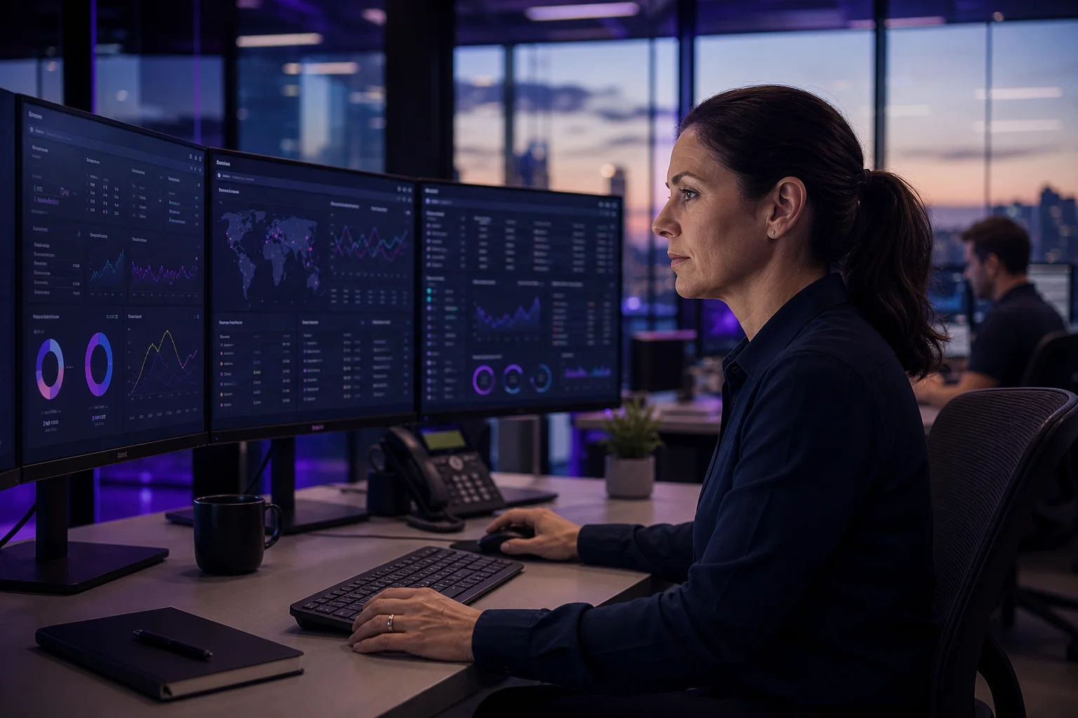 Security operations analyst monitoring business cyber risk dashboards.