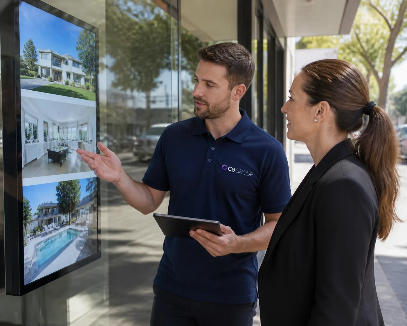 C9 GROUP staff member in navy polo handing over an outdoor-facing high brightness display setup