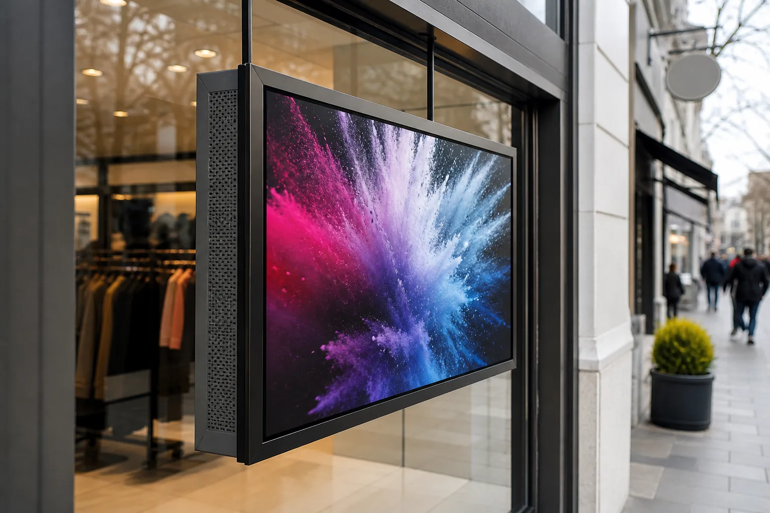 Outdoor-facing high brightness display cabinet showing installation depth and ventilation detail