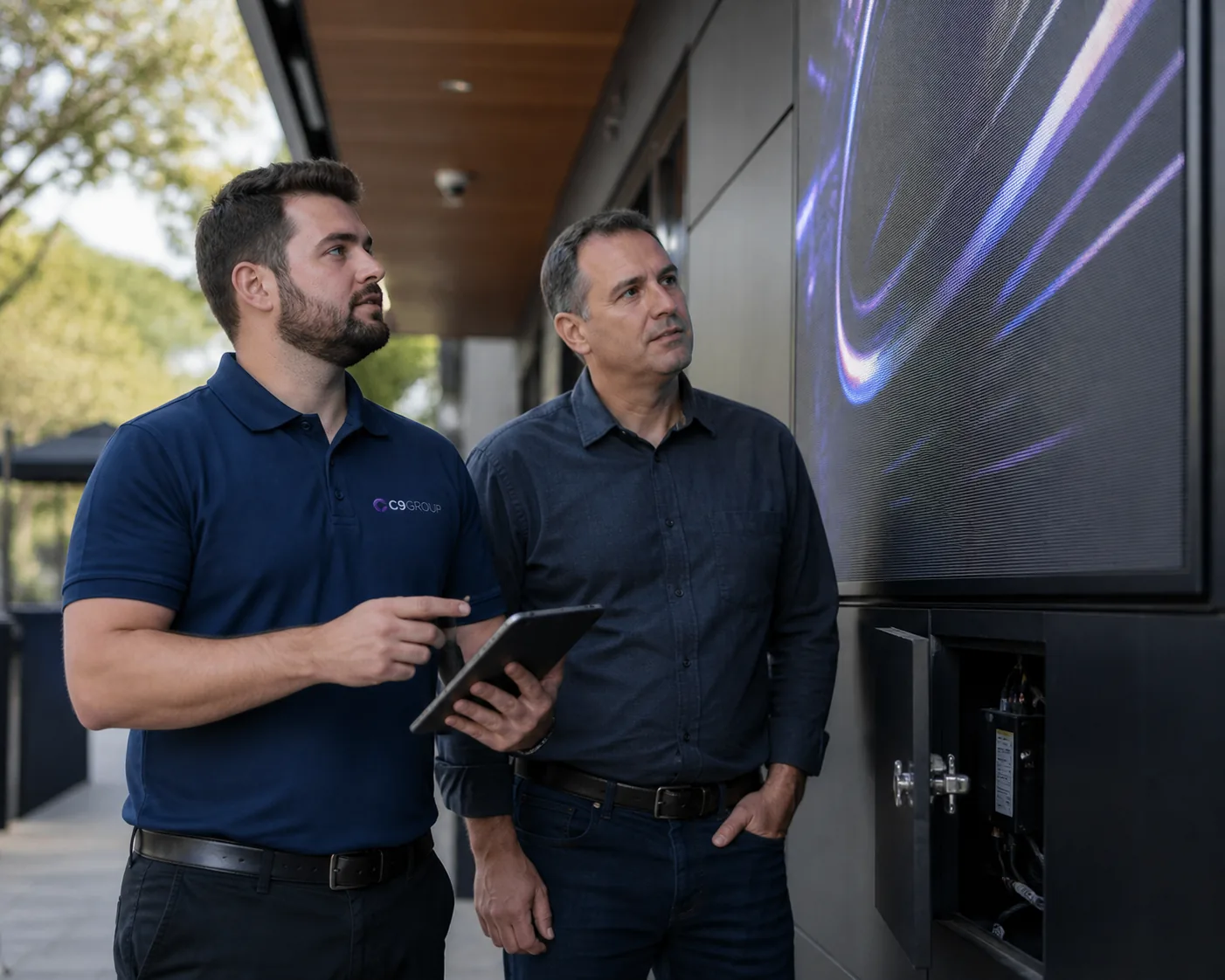 C9 GROUP staff member in navy polo reviewing an outdoor LED installation with a site manager
